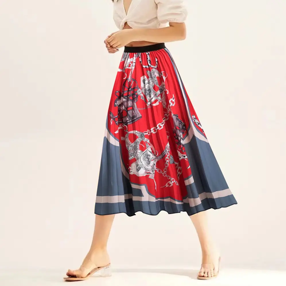 Printed Elastic Pleated Skirt Women's Mid Length - Image 18