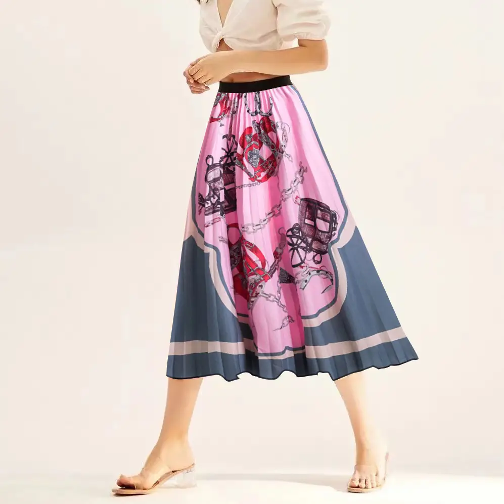 Printed Elastic Pleated Skirt Women's Mid Length - Image 19