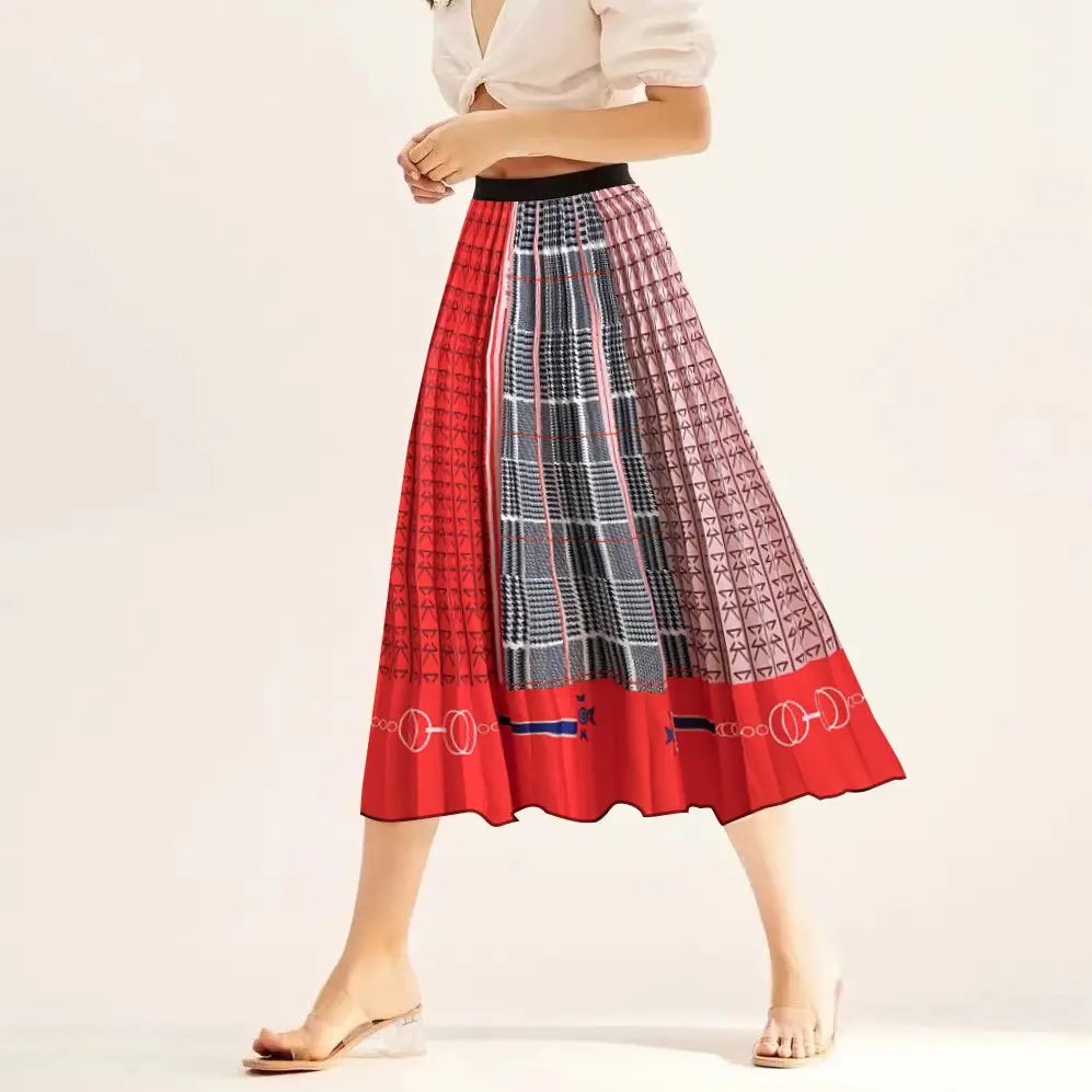 Printed Elastic Pleated Skirt Women's Mid Length - Image 21