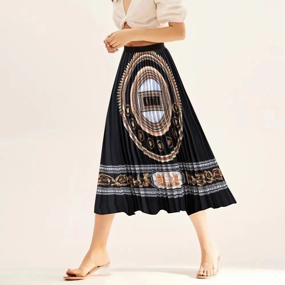Printed Elastic Pleated Skirt Women's Mid Length - Image 4