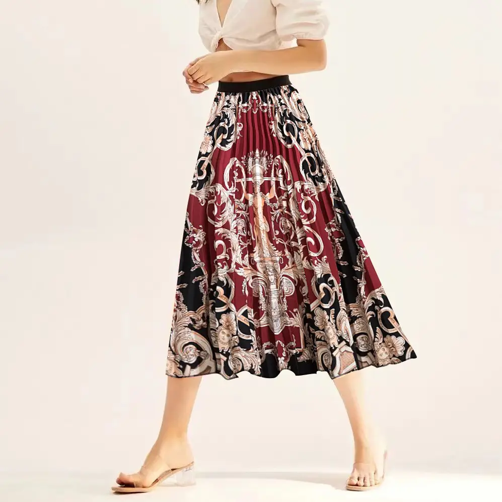 Printed Elastic Pleated Skirt Women's Mid Length - Image 7