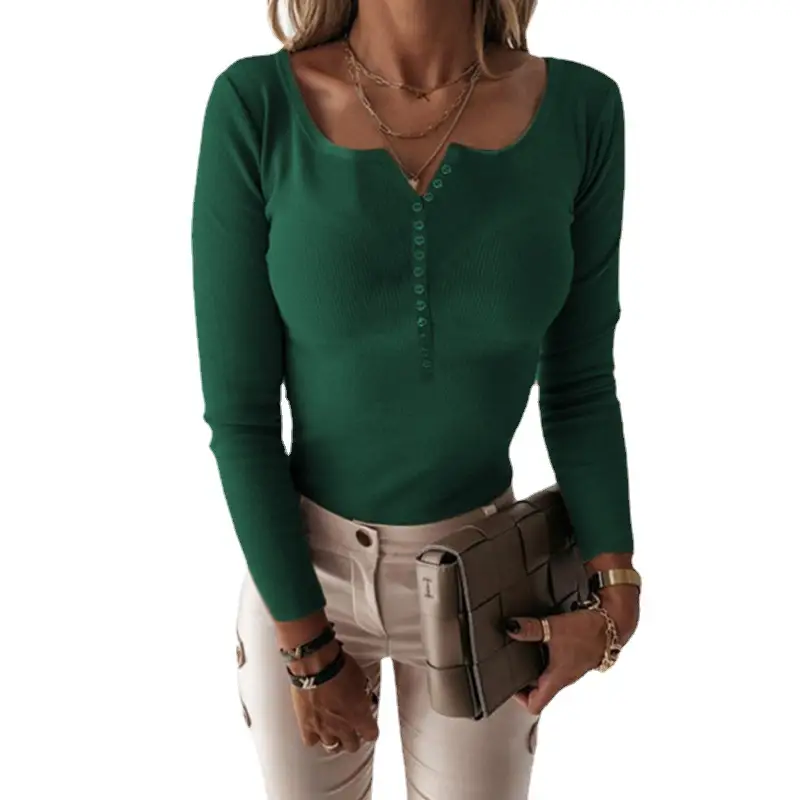 2024 Green Button V-Neck Knitted Long Sleeve Shirt - Image 17