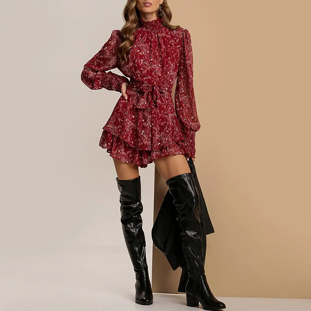 2026 Floral Pleated Ruffle Dress with Over-the-Head Boots