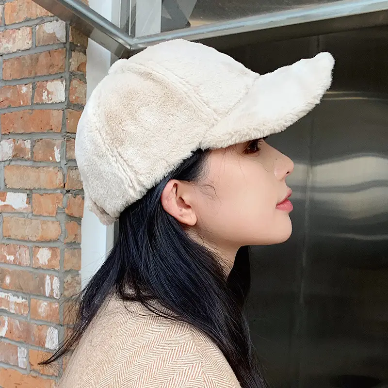 Women's Black Rabbit Fur Baseball Cap Winter Warm