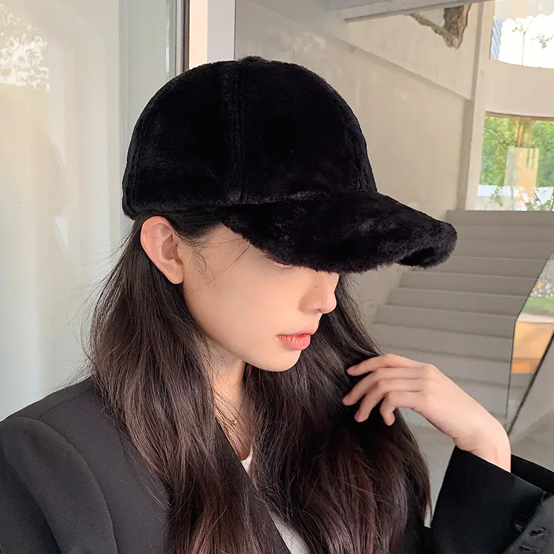 Women's Black Rabbit Fur Baseball Cap Winter Warm