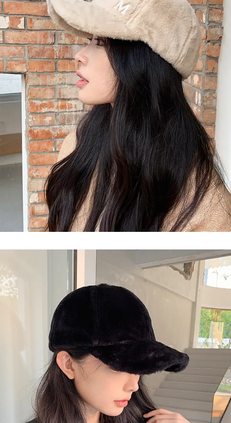 Women's Black Rabbit Fur Baseball Cap Winter Warm — feature 12