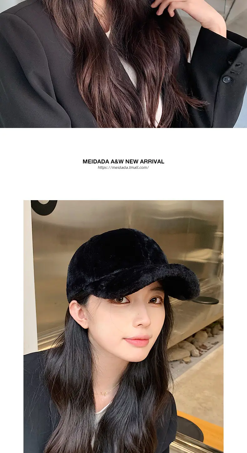 Women's Black Rabbit Fur Baseball Cap Winter Warm — feature 13