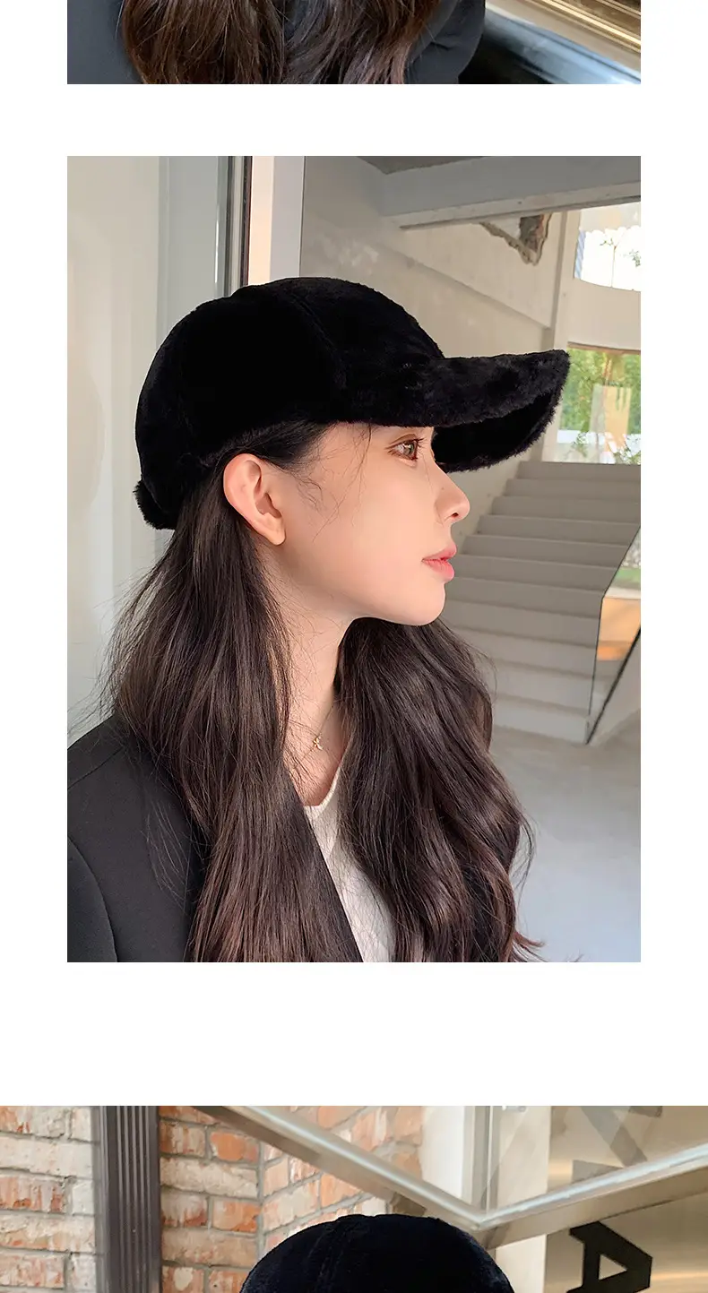 Women's Black Rabbit Fur Baseball Cap Winter Warm — feature 14