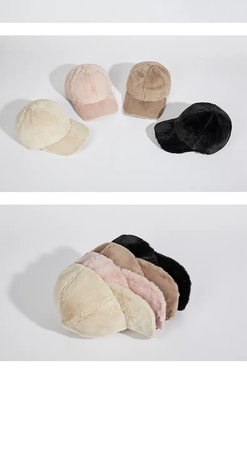 Women's Black Rabbit Fur Baseball Cap Winter Warm — feature 16
