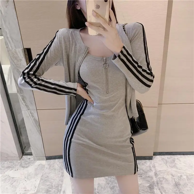 Women's 2-Piece Grey Korean Style Dress with Zip Front - Image 5