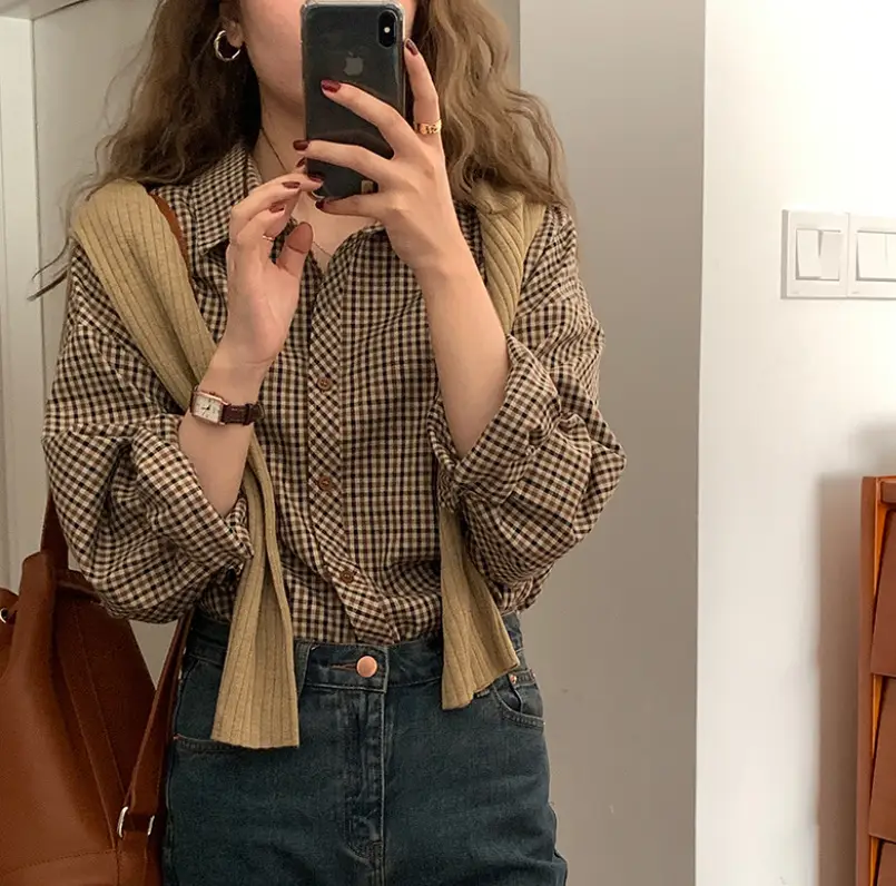 Women British Style Loose Long Sleeve Plaid Shirt 2023 Spring - Image 2