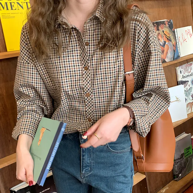 Women British Style Loose Long Sleeve Plaid Shirt 2023 Spring - Image 3