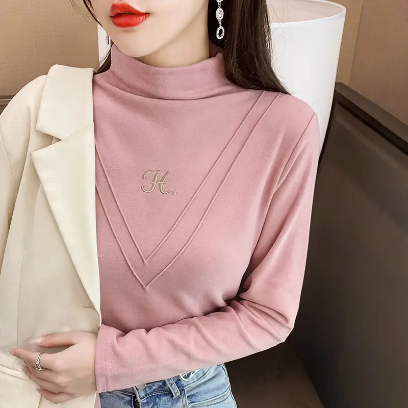 Women's 2021 Fleece Turtleneck Long Sleeve Beige H-Embroidered - Image 12