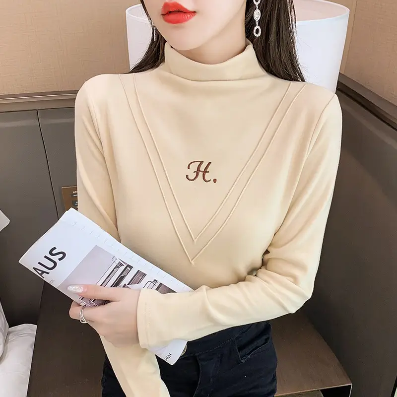 Women's 2021 Fleece Turtleneck Long Sleeve Beige H-Embroidered - Image 13