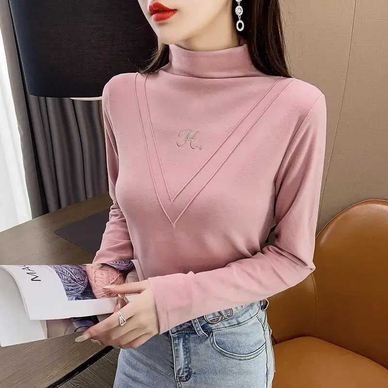 Women's 2021 Fleece Turtleneck Long Sleeve Beige H-Embroidered - Image 15