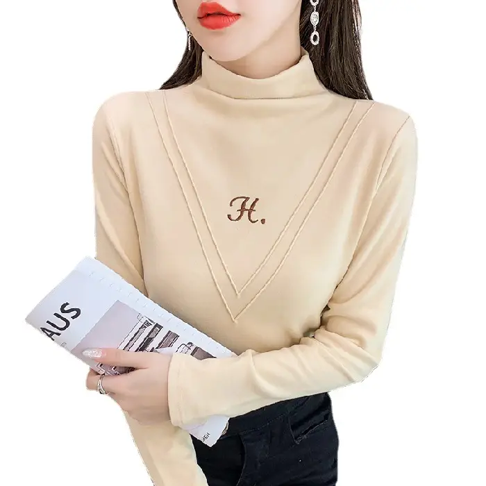 Women's 2021 Fleece Turtleneck Long Sleeve Beige H-Embroidered - Image 16