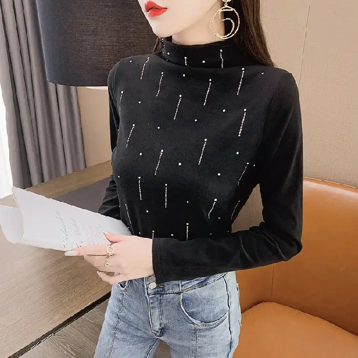 Women's 2021 Fleece Turtleneck Long Sleeve Beige H-Embroidered - Image 10
