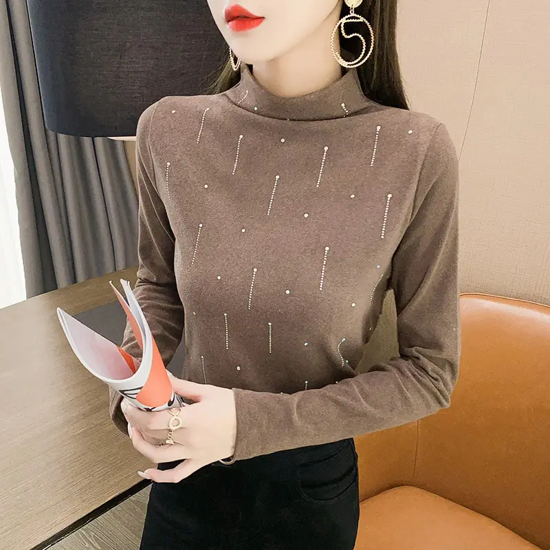 Women's 2021 Fleece Turtleneck Long Sleeve Beige H-Embroidered - Image 11