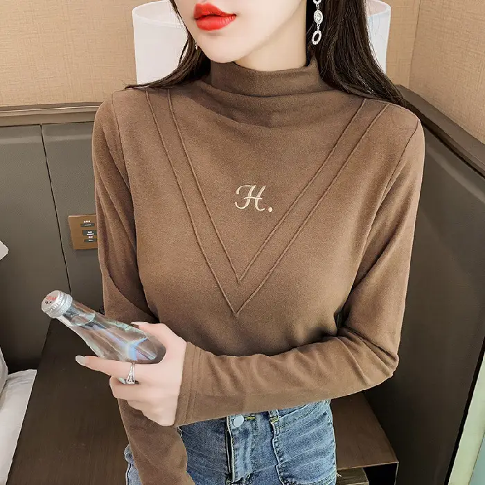 Women's 2021 Fleece Turtleneck Long Sleeve Beige H-Embroidered - Image 2