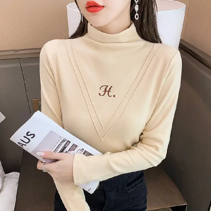 Women's 2021 Fleece Turtleneck Long Sleeve Beige H-Embroidered - Image 3