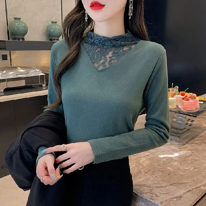 Women's 2021 Fleece Turtleneck Long Sleeve Beige H-Embroidered - Image 6