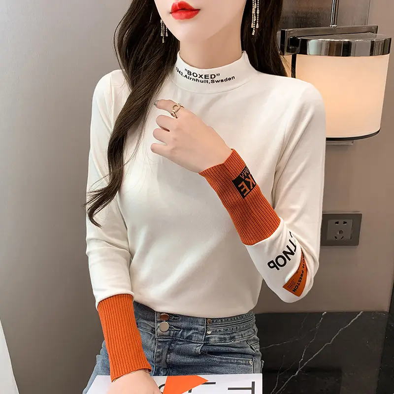 Women's 2021 Fleece Turtleneck Long Sleeve Beige H-Embroidered - Image 7