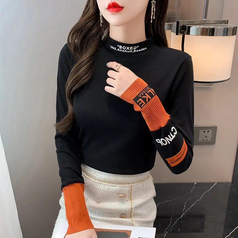 Women's 2021 Fleece Turtleneck Long Sleeve Beige H-Embroidered - Image 8