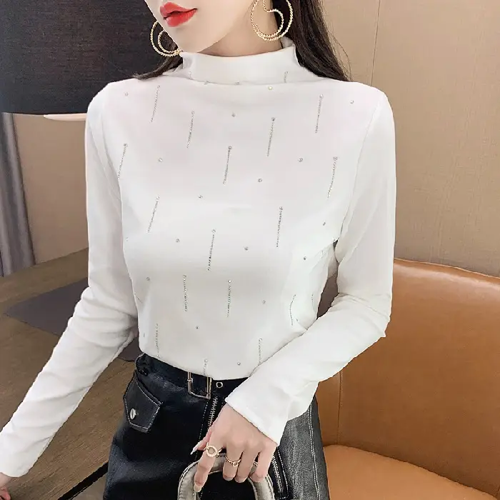 Women's 2021 Fleece Turtleneck Long Sleeve Beige H-Embroidered - Image 9