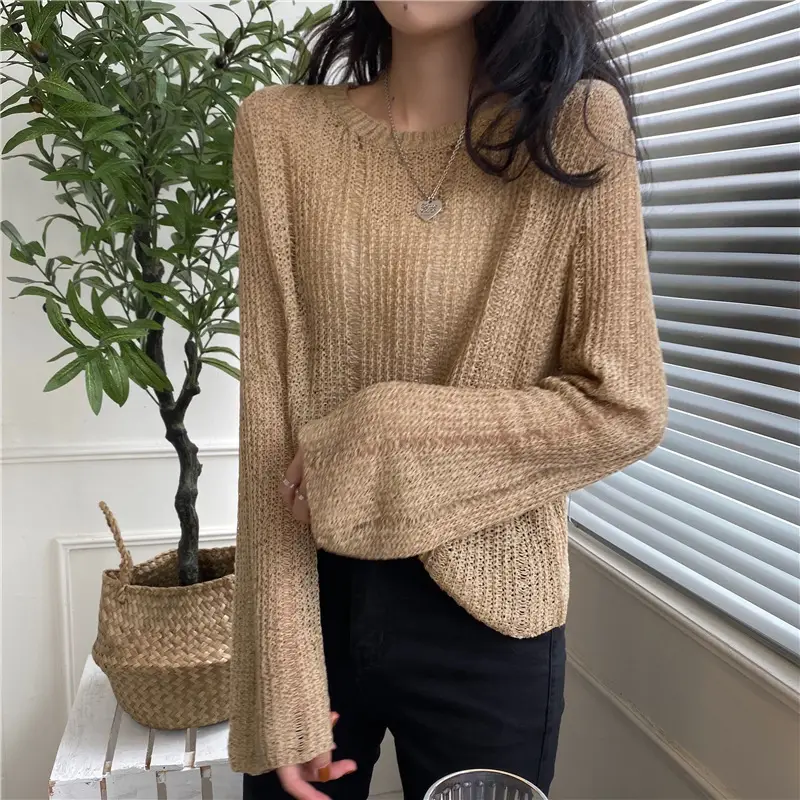 Women's High Waist Knitted Sweater Blue Sunscreen Top - Image 4