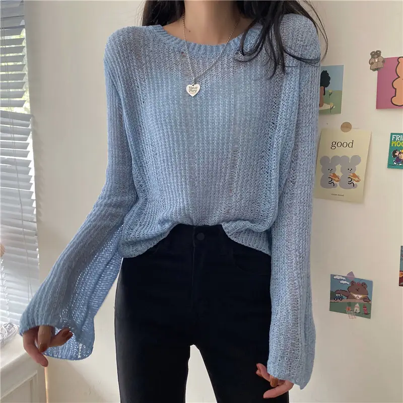 Women's High Waist Knitted Sweater Blue Sunscreen Top - Image 5