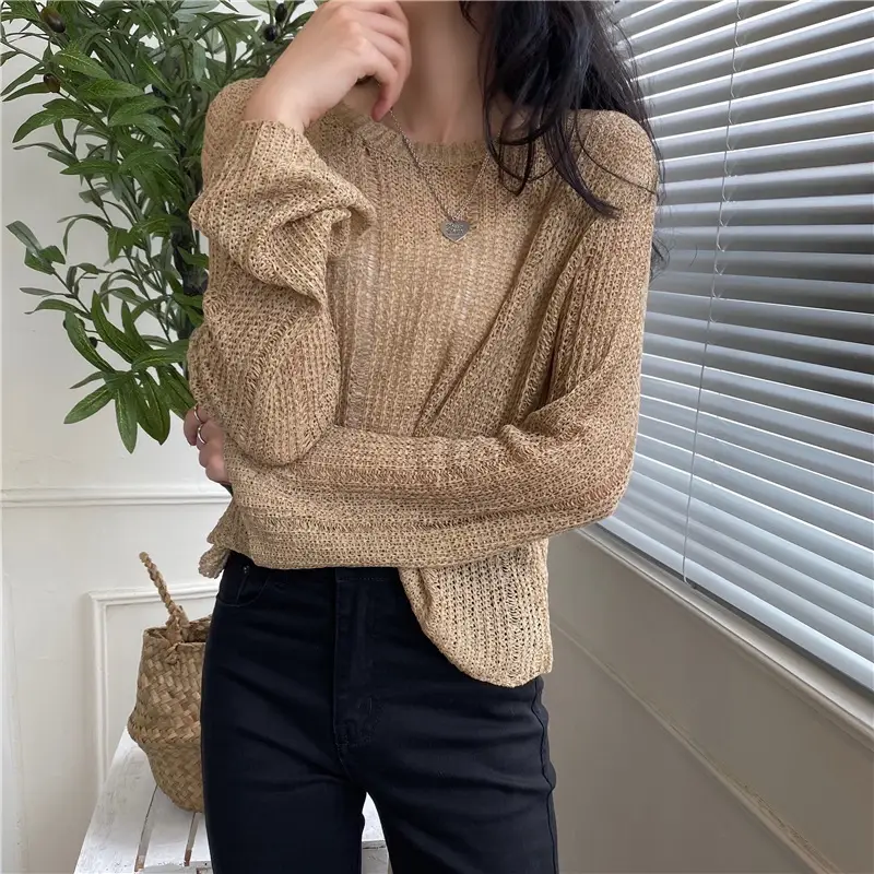 Women's High Waist Knitted Sweater Blue Sunscreen Top — feature 10