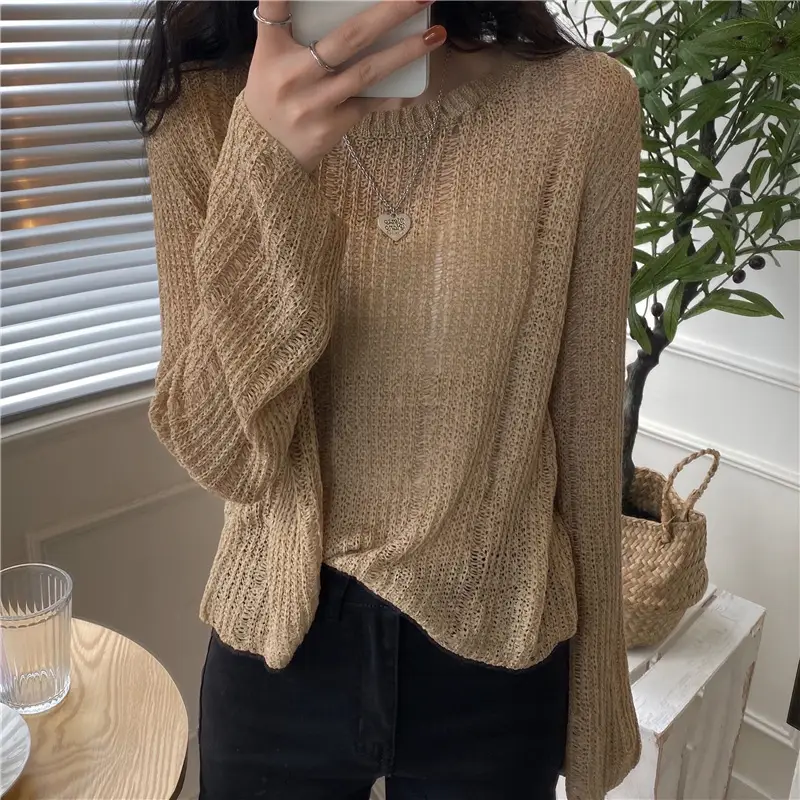 Women's High Waist Knitted Sweater Blue Sunscreen Top — feature 12
