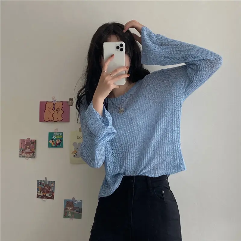 Women's High Waist Knitted Sweater Blue Sunscreen Top — feature 2