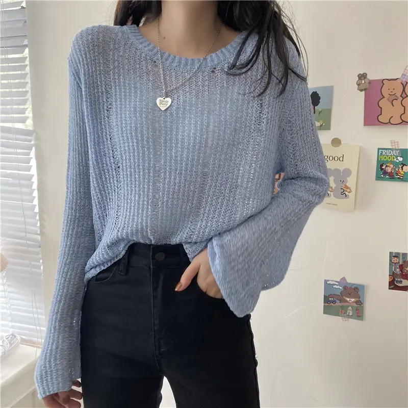 Women's High Waist Knitted Sweater Blue Sunscreen Top — feature 3