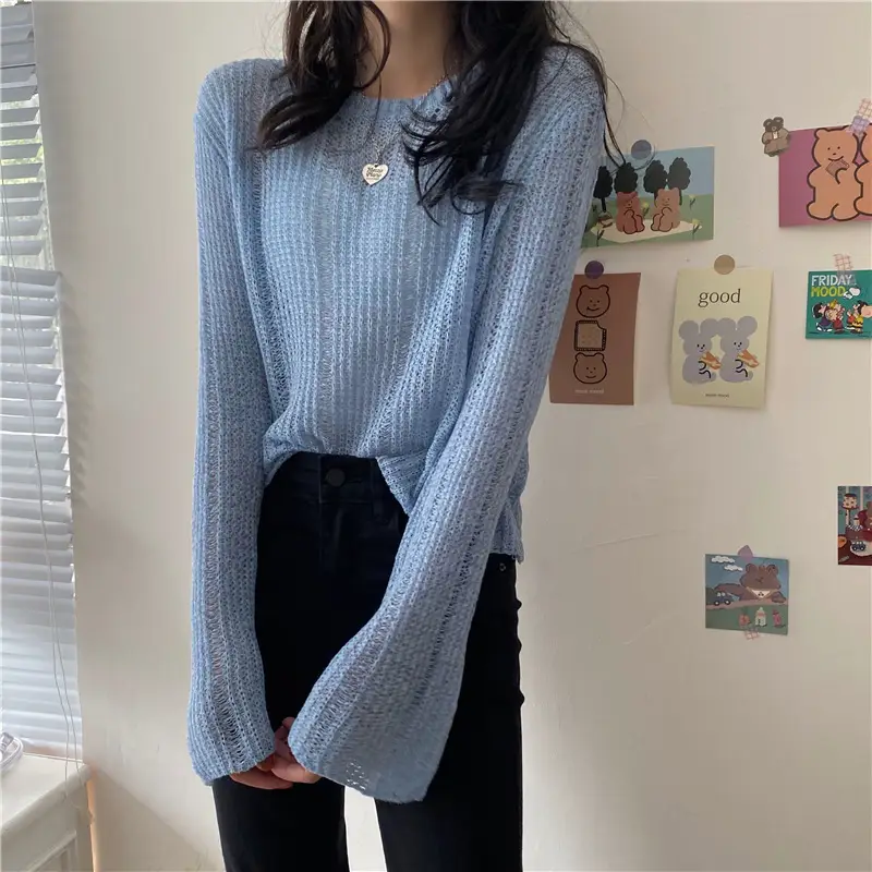 Women's High Waist Knitted Sweater Blue Sunscreen Top — feature 5