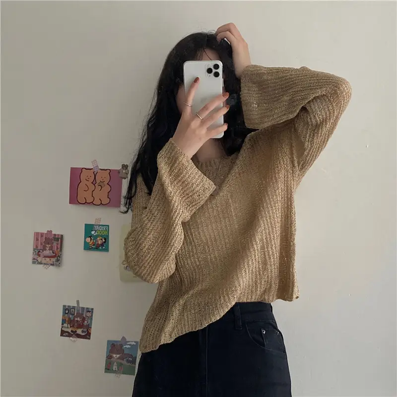 Women's High Waist Knitted Sweater Blue Sunscreen Top — feature 7