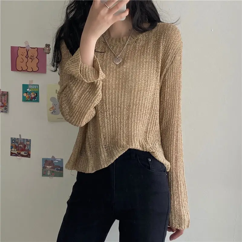Women's High Waist Knitted Sweater Blue Sunscreen Top — feature 9