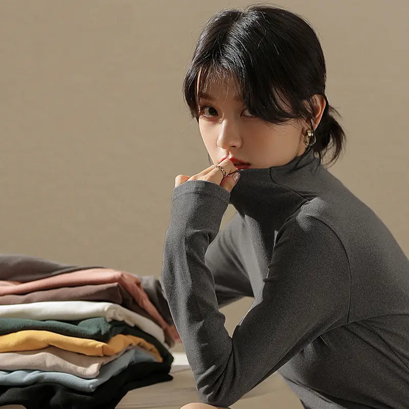 Women Fleece Shirt Brown Half Collar Long Sleeve Autumn Winter - Image 7