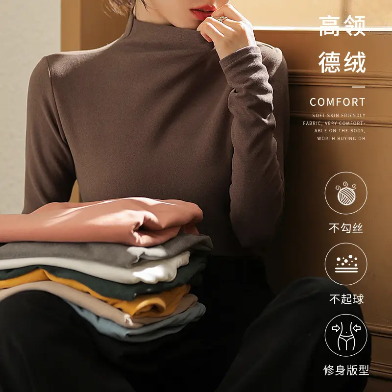 Women Fleece Shirt Brown Half Collar Long Sleeve Autumn Winter - Image 8