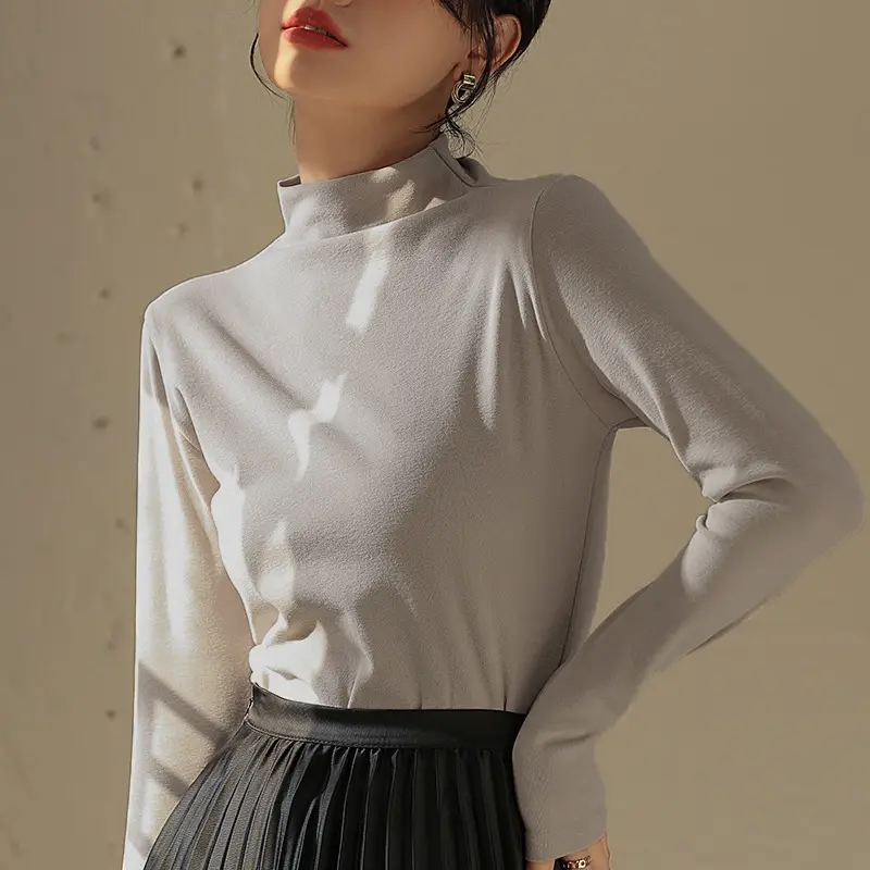 Women Fleece Shirt Brown Half Collar Long Sleeve Autumn Winter - Image 10