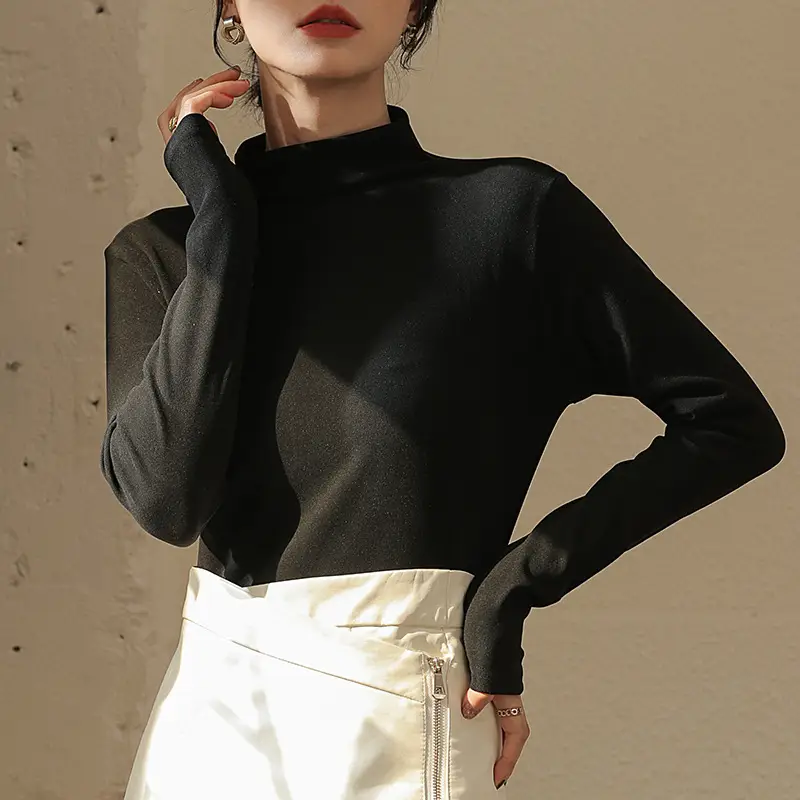 Women Fleece Shirt Brown Half Collar Long Sleeve Autumn Winter - Image 11