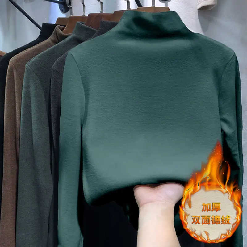 Women Fleece Shirt Brown Half Collar Long Sleeve Autumn Winter - Image 2