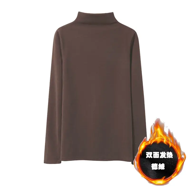 Women Fleece Shirt Brown Half Collar Long Sleeve Autumn Winter - Image 4
