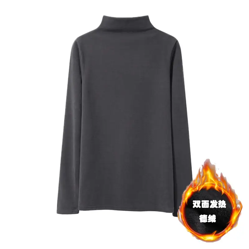Women Fleece Shirt Brown Half Collar Long Sleeve Autumn Winter - Image 5