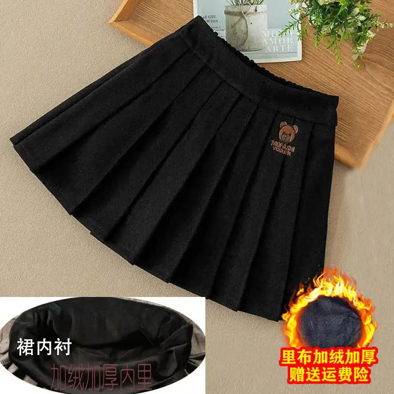 Girls Pleated Woolen Skirts Black 2024 Winter