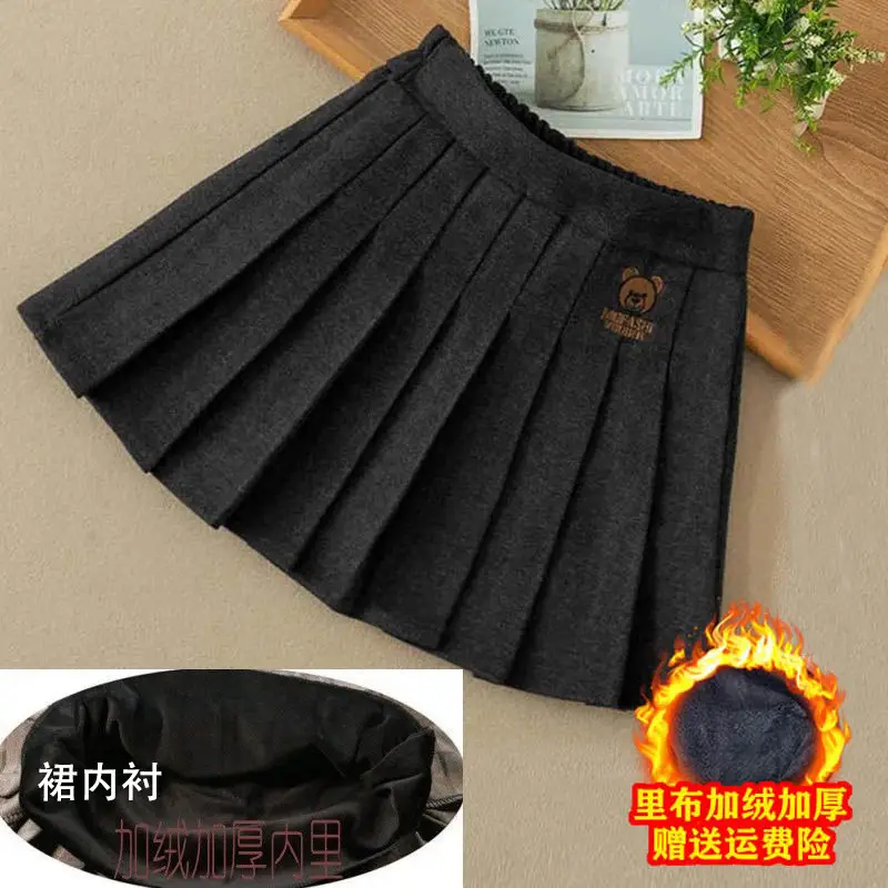 Girls Pleated Woolen Skirts Black 2024 Winter