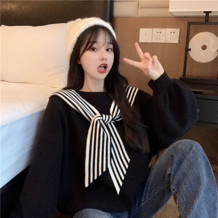 Women's Black Bow Neck Velvet Sweater Autumn Winter 2021 - Image 6
