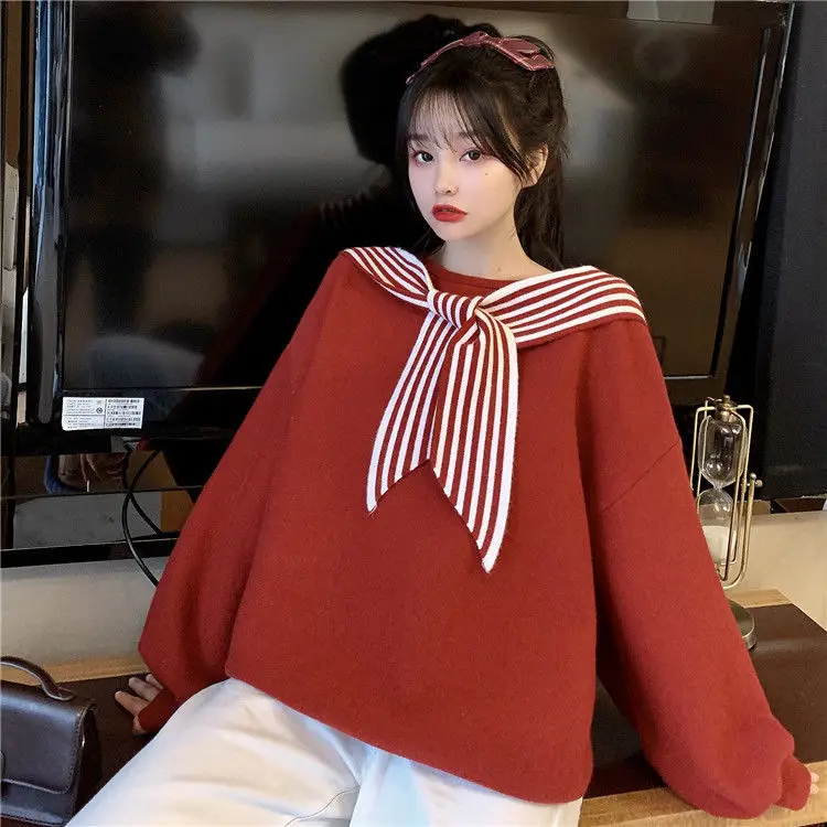 Women's Black Bow Neck Velvet Sweater Autumn Winter 2021 - Image 7