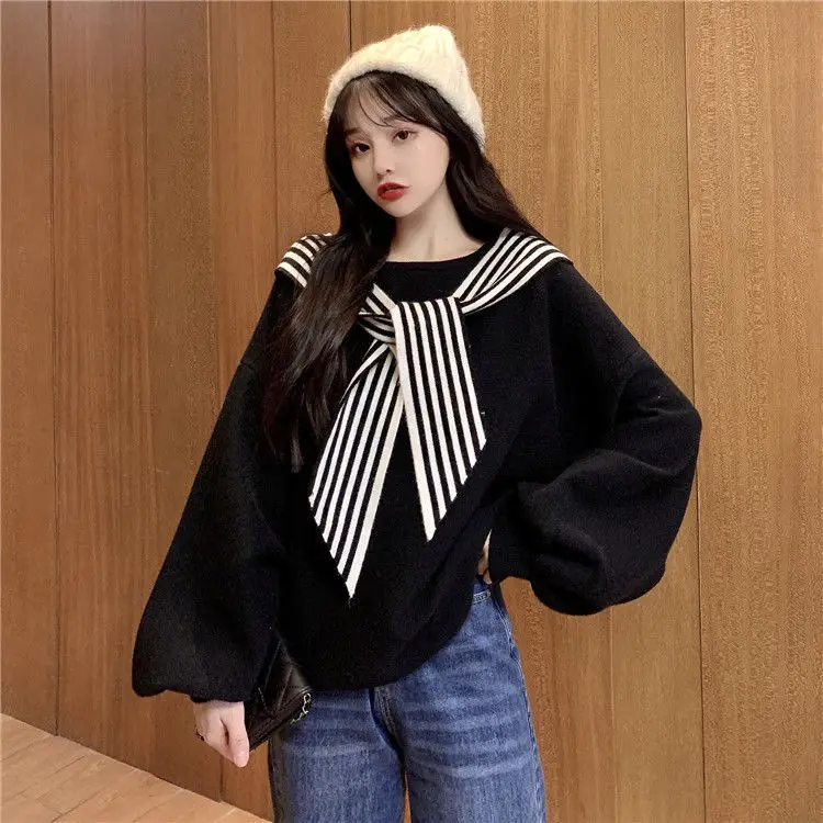 Women's Black Bow Neck Velvet Sweater Autumn Winter 2021 — feature 22