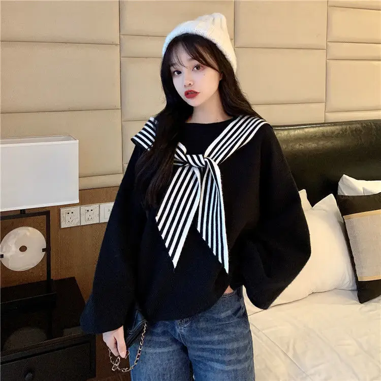 Women's Black Bow Neck Velvet Sweater Autumn Winter 2021 — feature 23